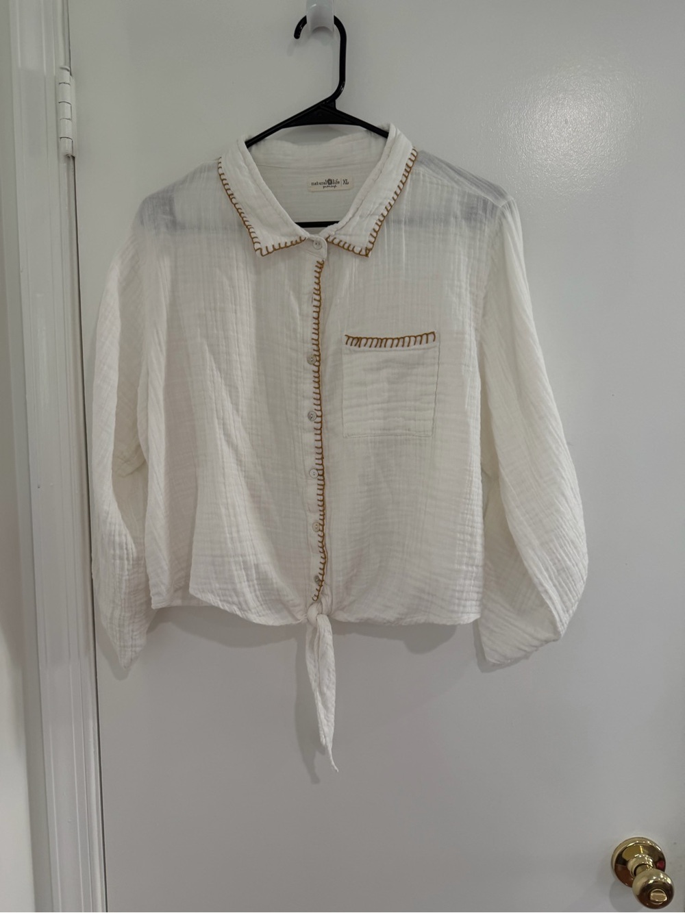 Natural Life Cotton Gauze Tie Front Button Shirt Whipstitch Boho Resort Top XL